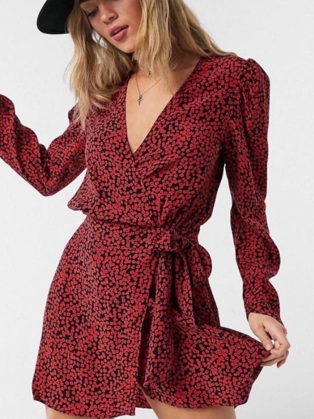 Free People Kinsley Black and Red Floral Mini Wrap Dress 0